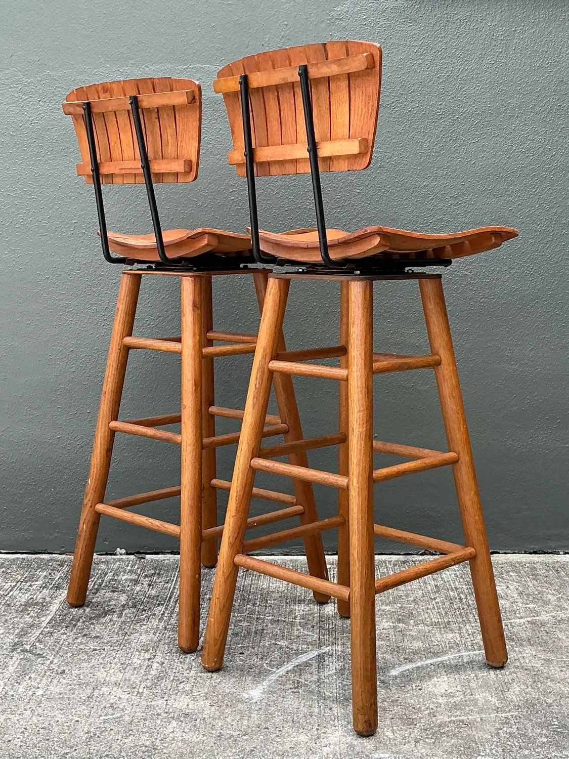 Vintage MCM Slat Swivel Bar Stools After Arthur Umanoff - Back view