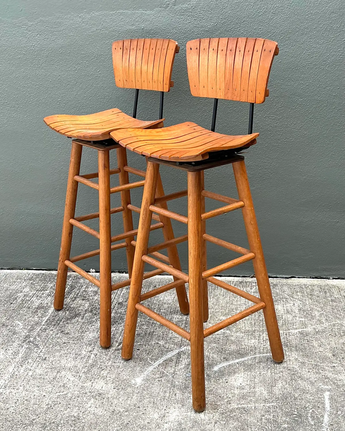 Vintage MCM Slat Swivel Bar Stools After Arthur Umanoff - Top view