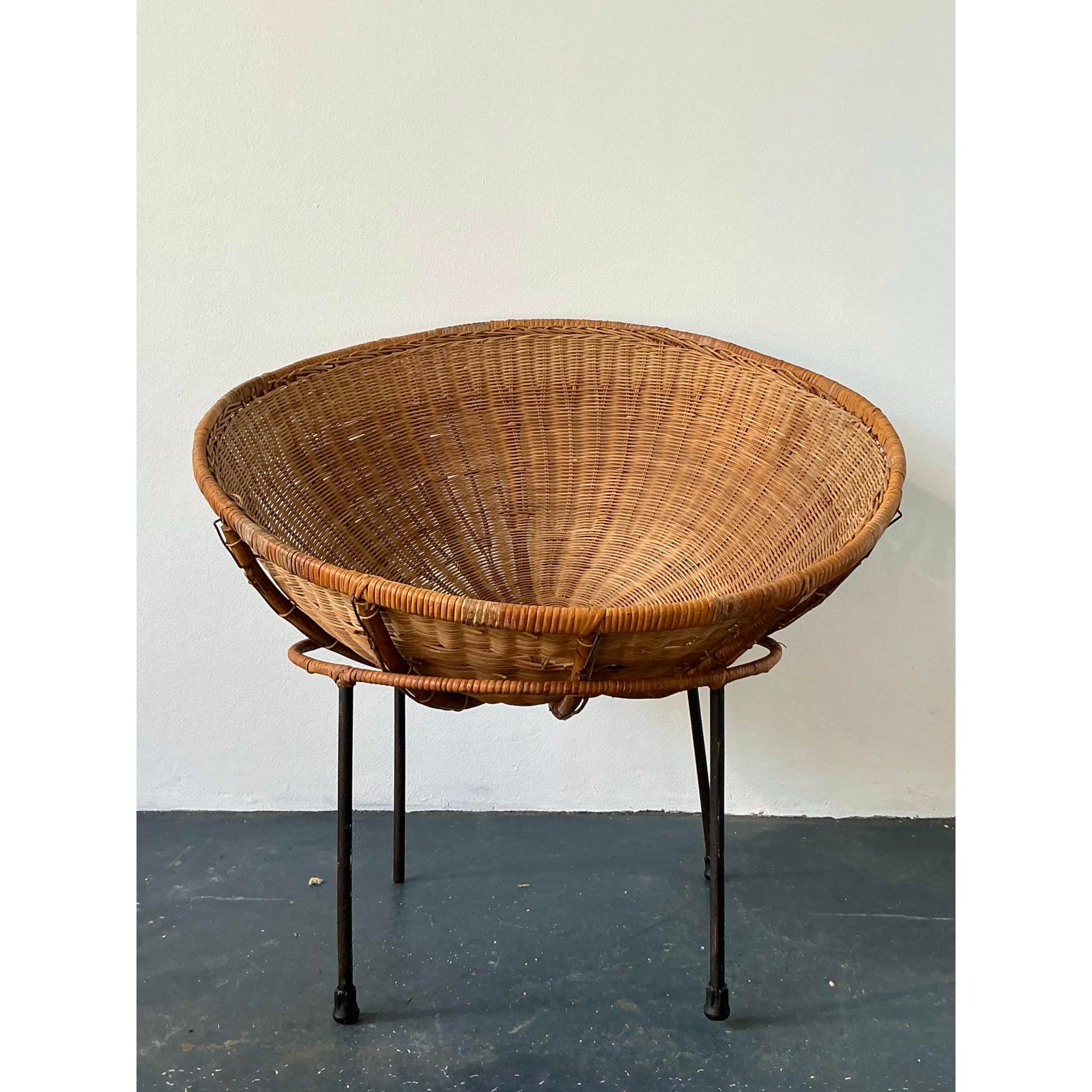 Vintage MCM Woven Rattan Bowl Chair - Back view