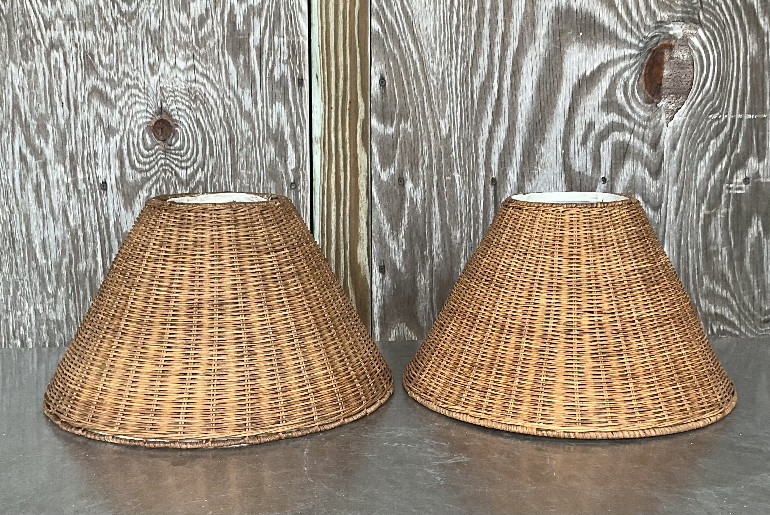 Vintage Medium Woven Rattan Lampshades- a Pair - Detail view