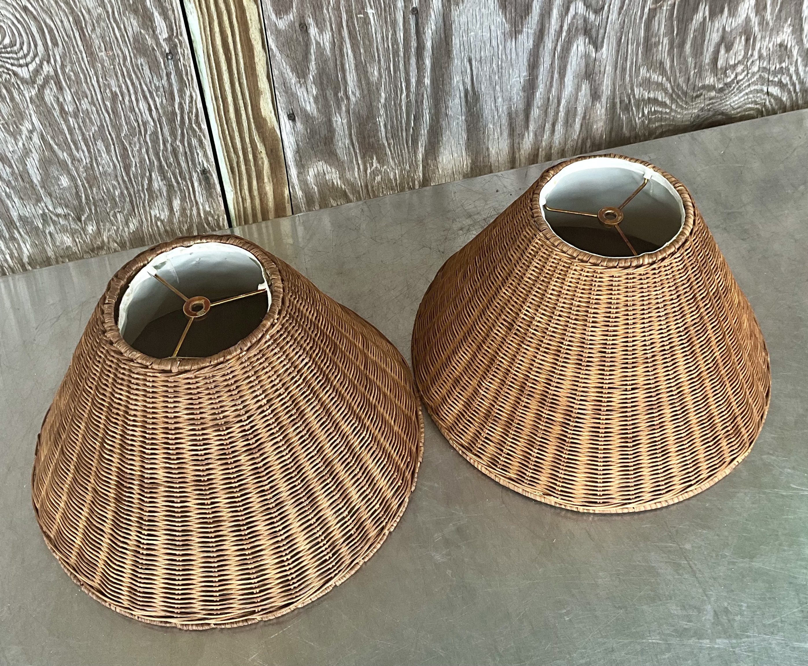 Vintage Medium Woven Rattan Lampshades- a Pair - Side view
