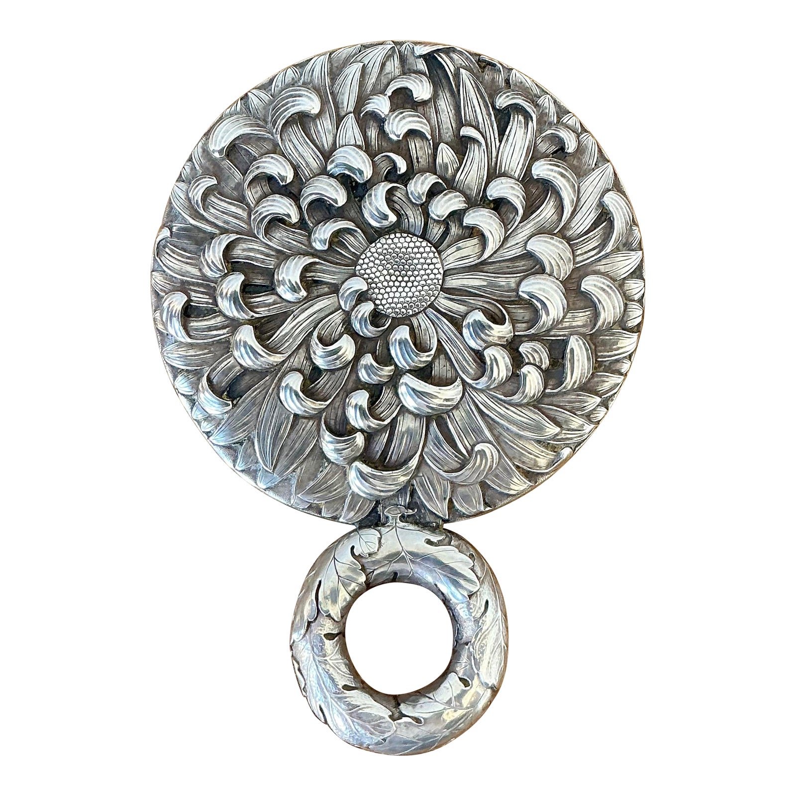 Vintage Meiji Period Steeling Silver Flower Hand Mirror