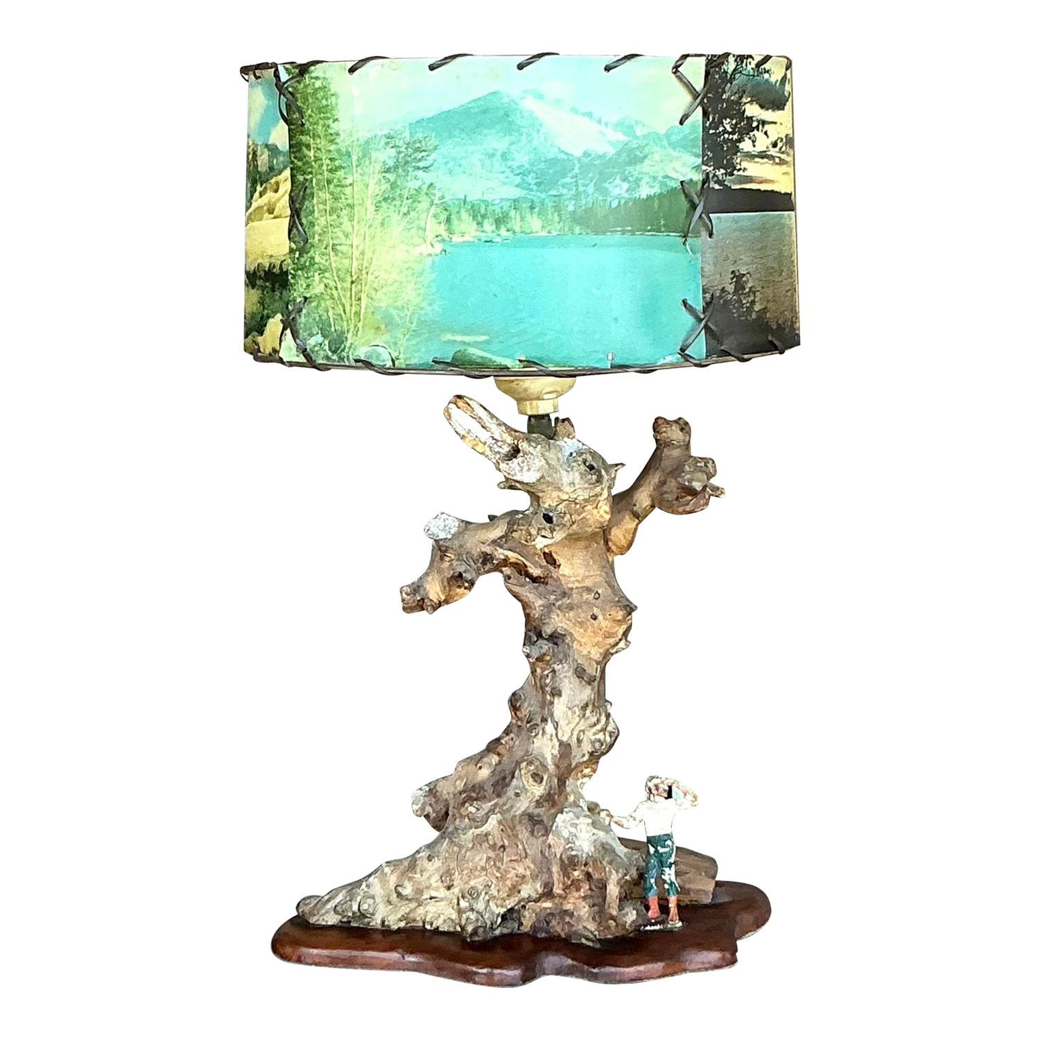 Vintage Mid 20th Century Driftwood Lamp With Scenic Shade - Detail view
