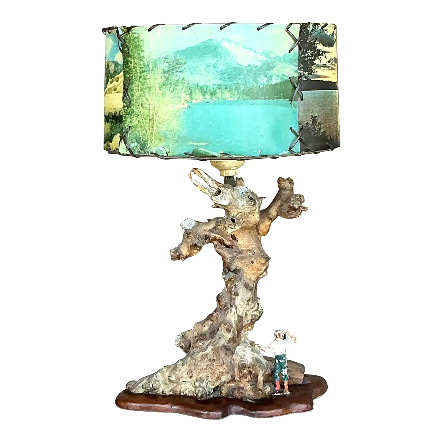 Vintage Mid 20th Century Driftwood Lamp With Scenic Shade