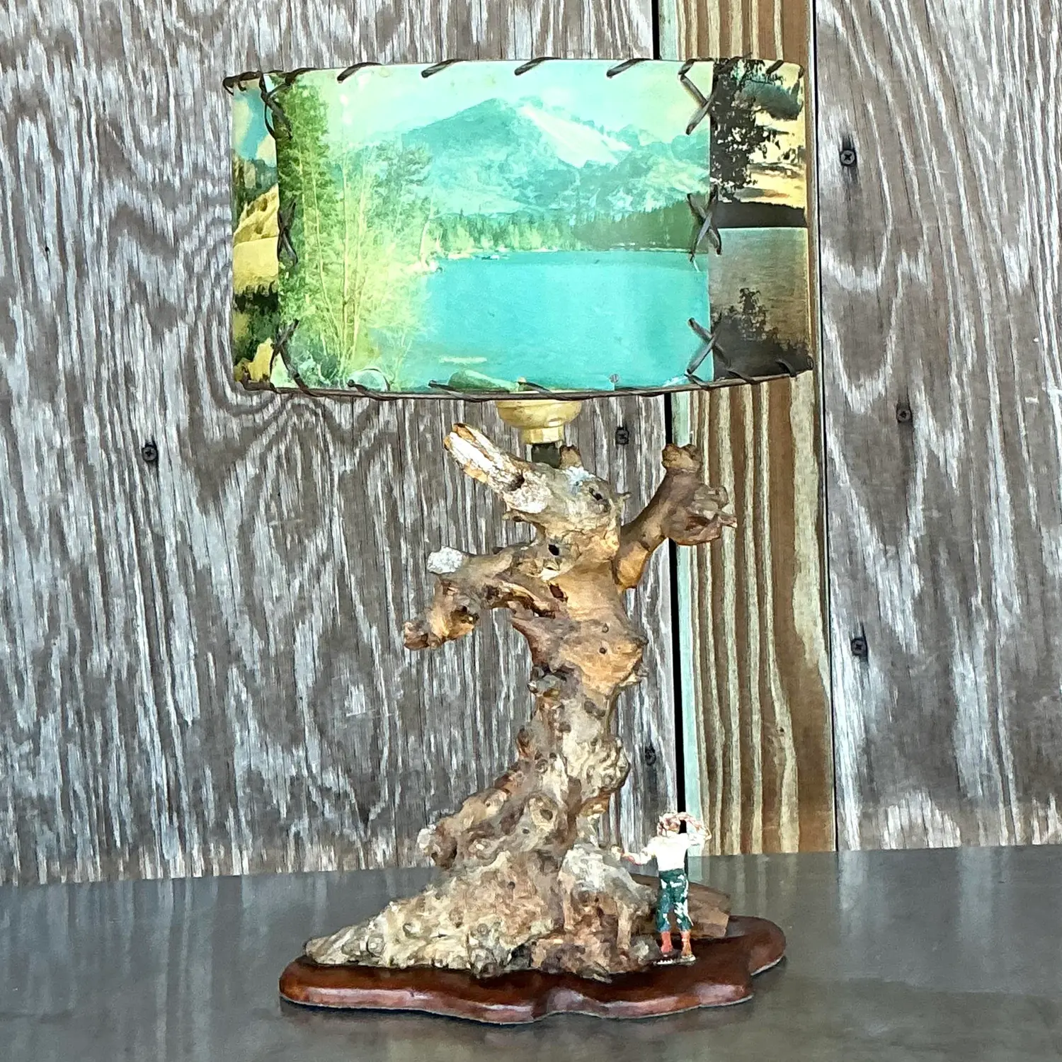 Vintage Mid 20th Century Driftwood Lamp With Scenic Shade - Back view