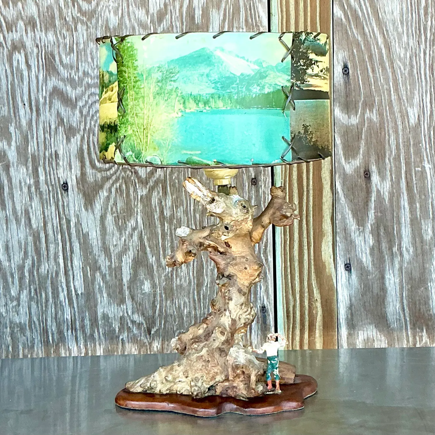Vintage Mid 20th Century Driftwood Lamp With Scenic Shade - Side view