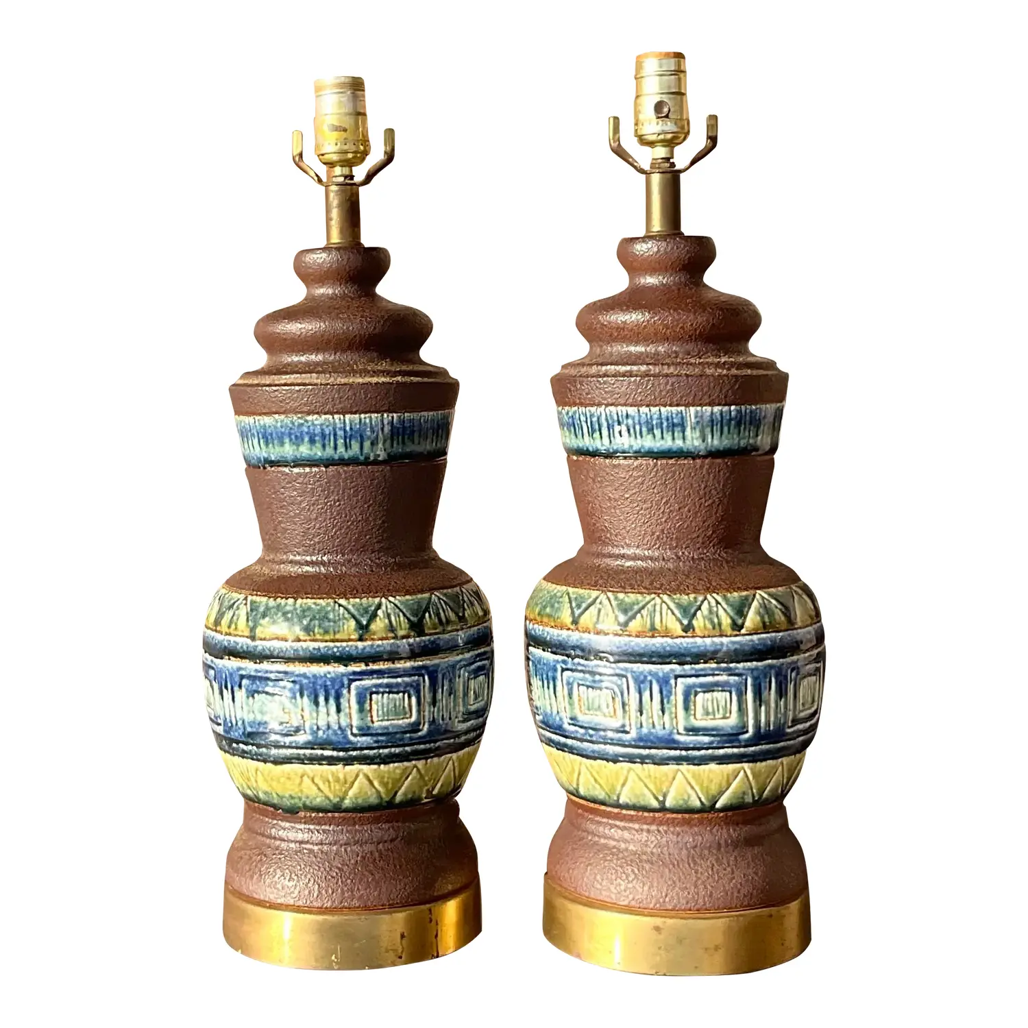 Vintage Mid 20th Century Glazed Ceramic Band Table Lamps - a Pair