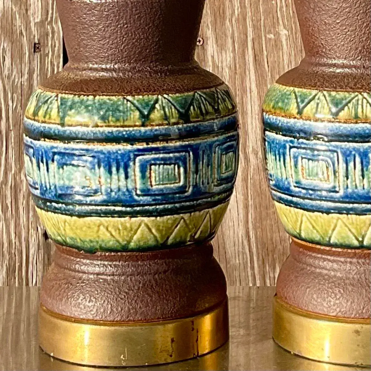Vintage Mid 20th Century Glazed Ceramic Band Table Lamps - a Pair - Back view