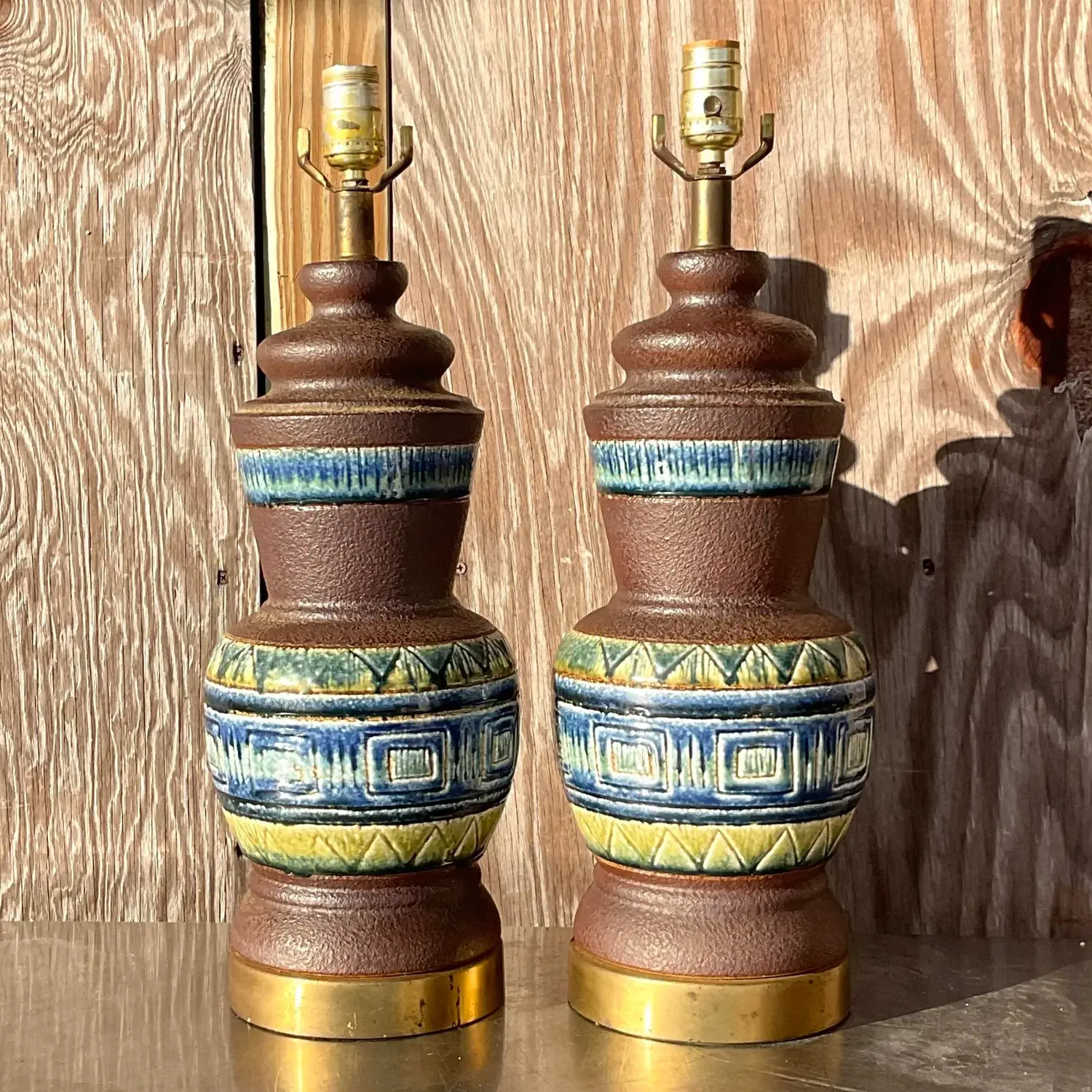 Vintage Mid 20th Century Glazed Ceramic Band Table Lamps - a Pair - Side view