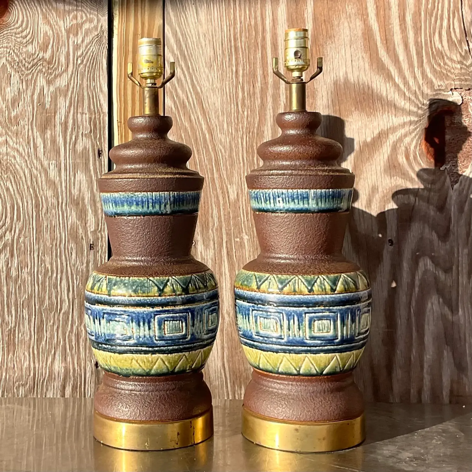 Vintage Mid 20th Century Glazed Ceramic Band Table Lamps - a Pair - Detail view