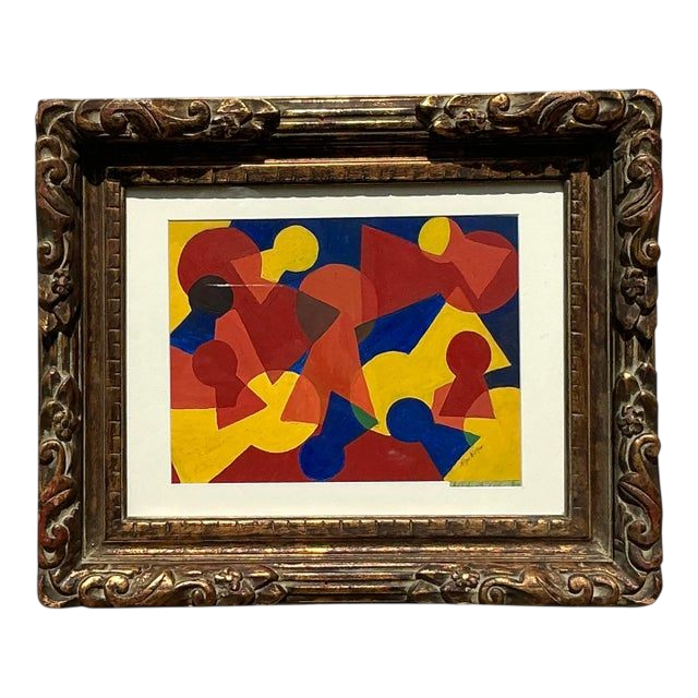 Vintage Mid-Century Modern Abstract Geometric Painting on Paper