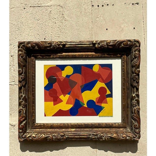Vintage Mid-Century Modern Abstract Geometric Painting on Paper - Detail view