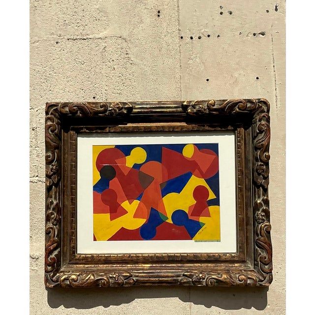 Vintage Mid-Century Modern Abstract Geometric Painting on Paper - Back view