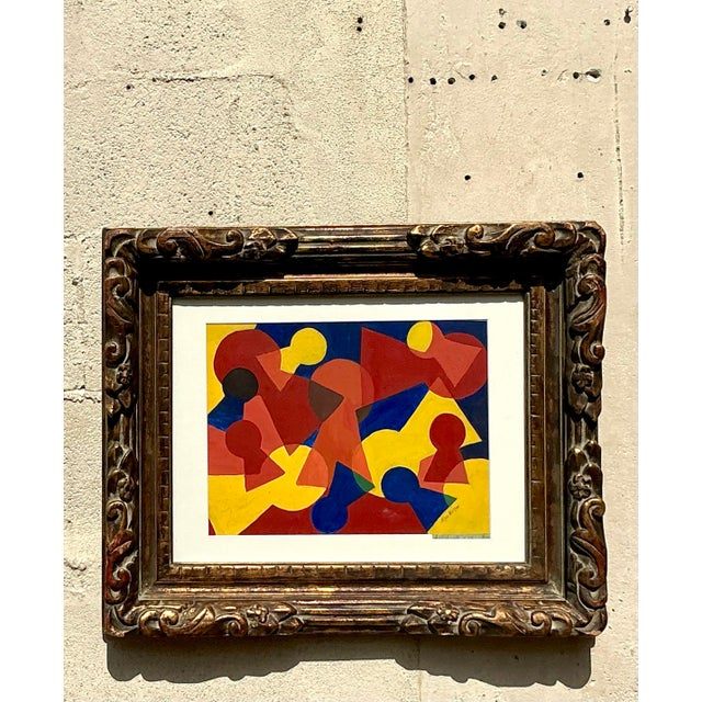 Vintage Mid-Century Modern Abstract Geometric Painting on Paper - Side view