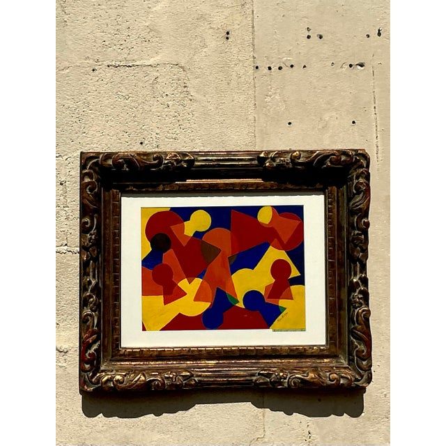 Vintage Mid-Century Modern Abstract Geometric Painting on Paper - Top view