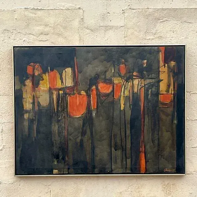 Vintage Mid-Century Modern Abstract Original Oil Painting on Canvas - Side view