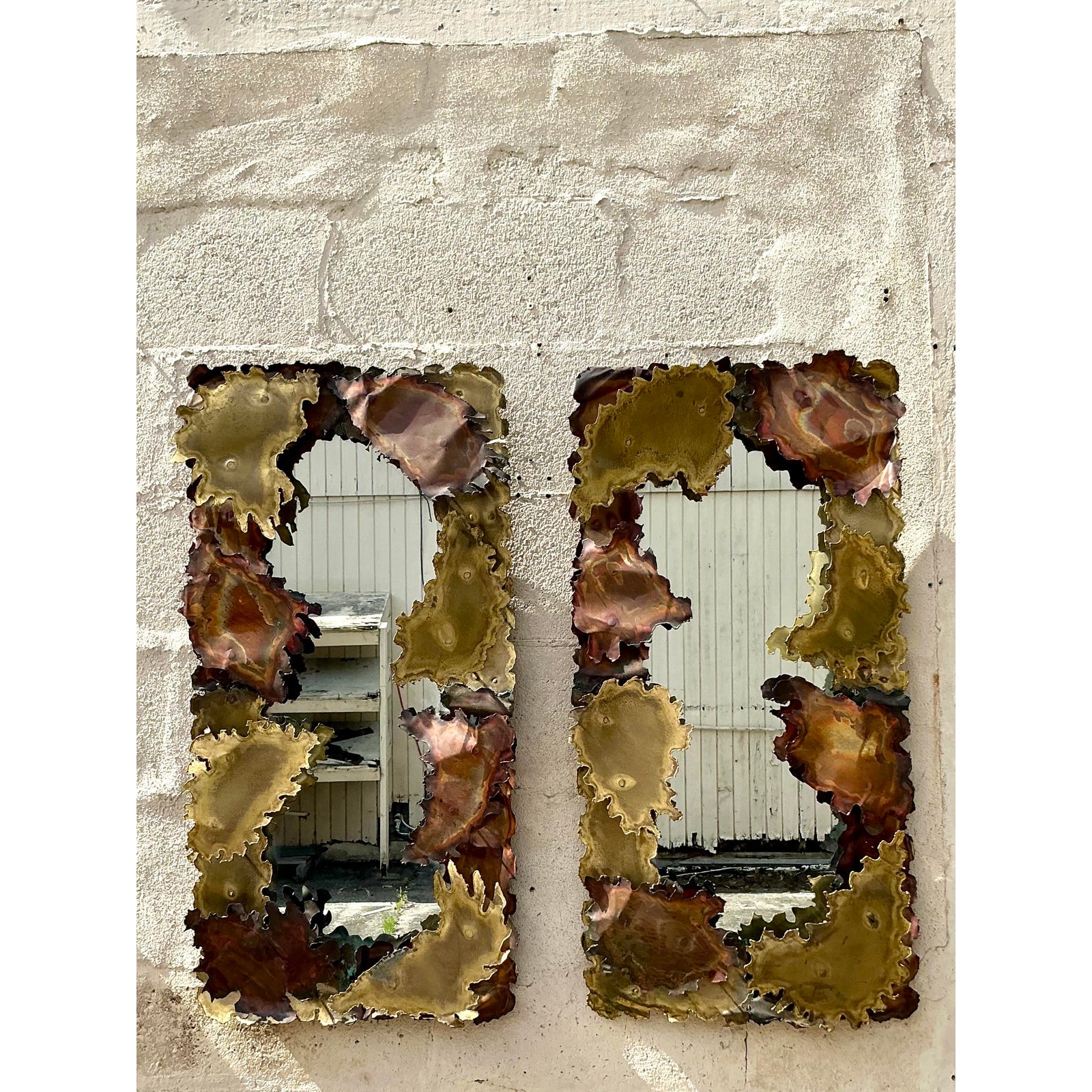 Vintage Mid-Century Modern Brutalist Torch Cut Abstract Mirror After Tom Greene - Side view