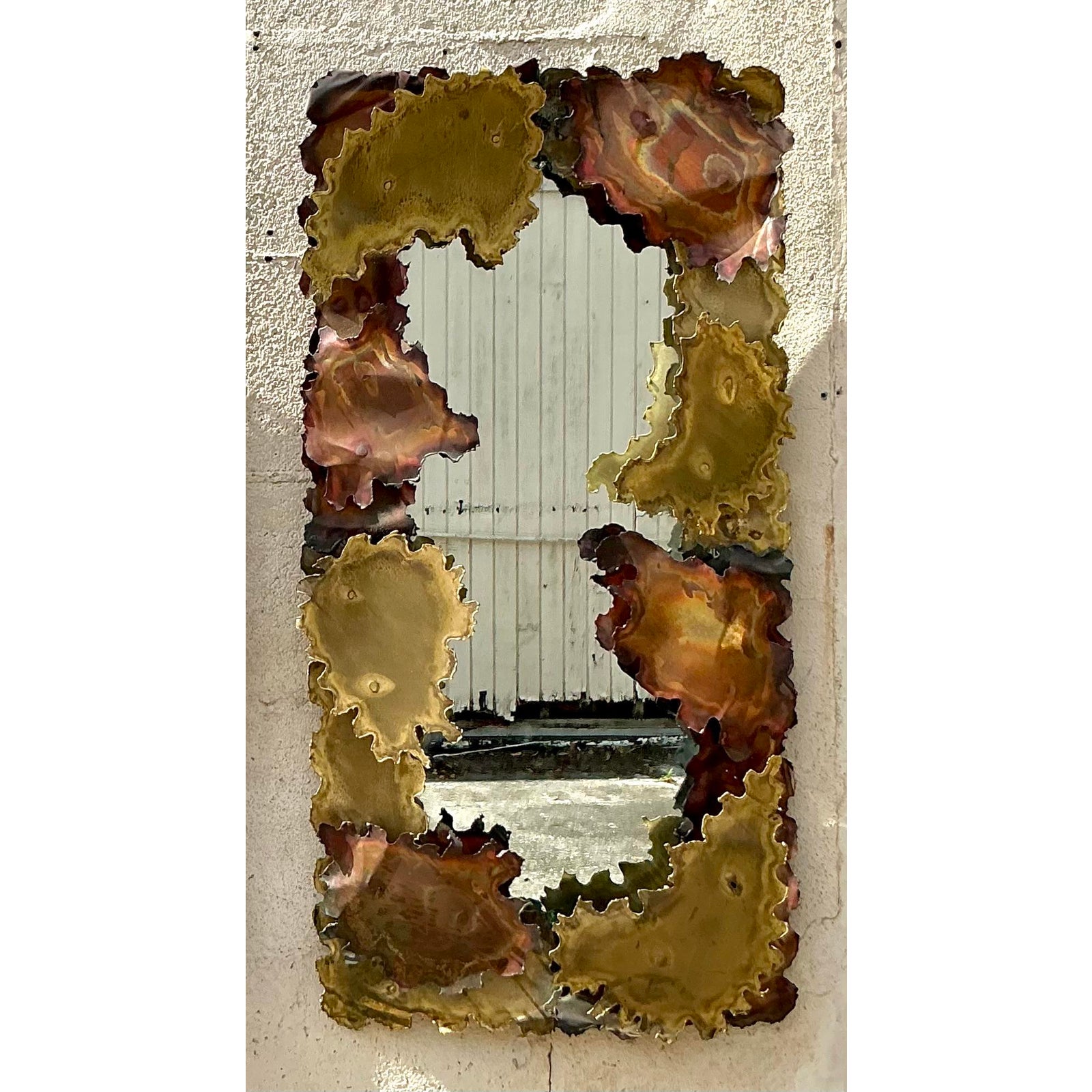 Vintage Mid-Century Modern Brutalist Torch Cut Abstract Mirror After Tom Greene - Top view