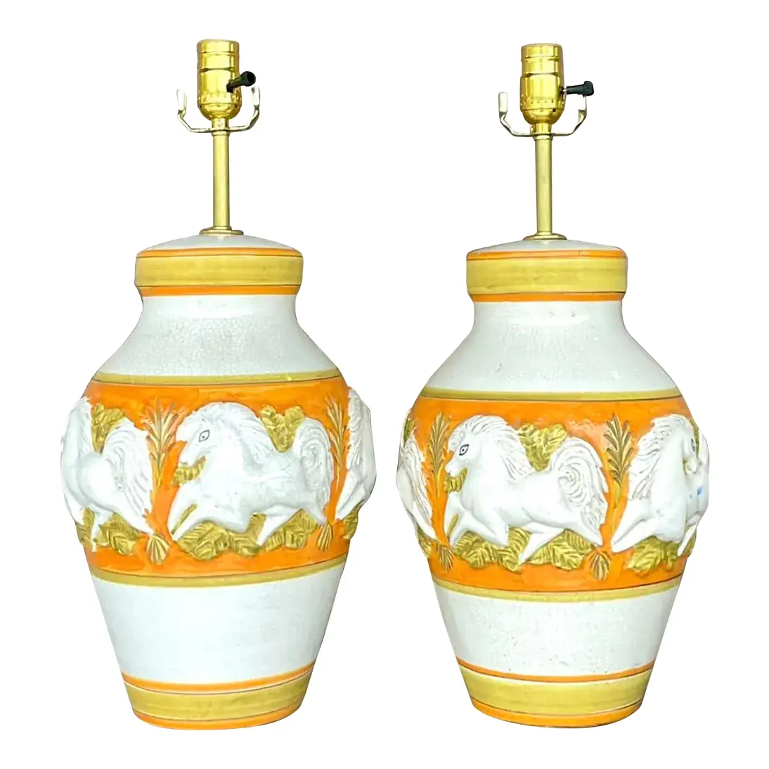 Vintage Mid-Century Modern Glazed Ceramic Prancing Horse Lamps - a Pair
