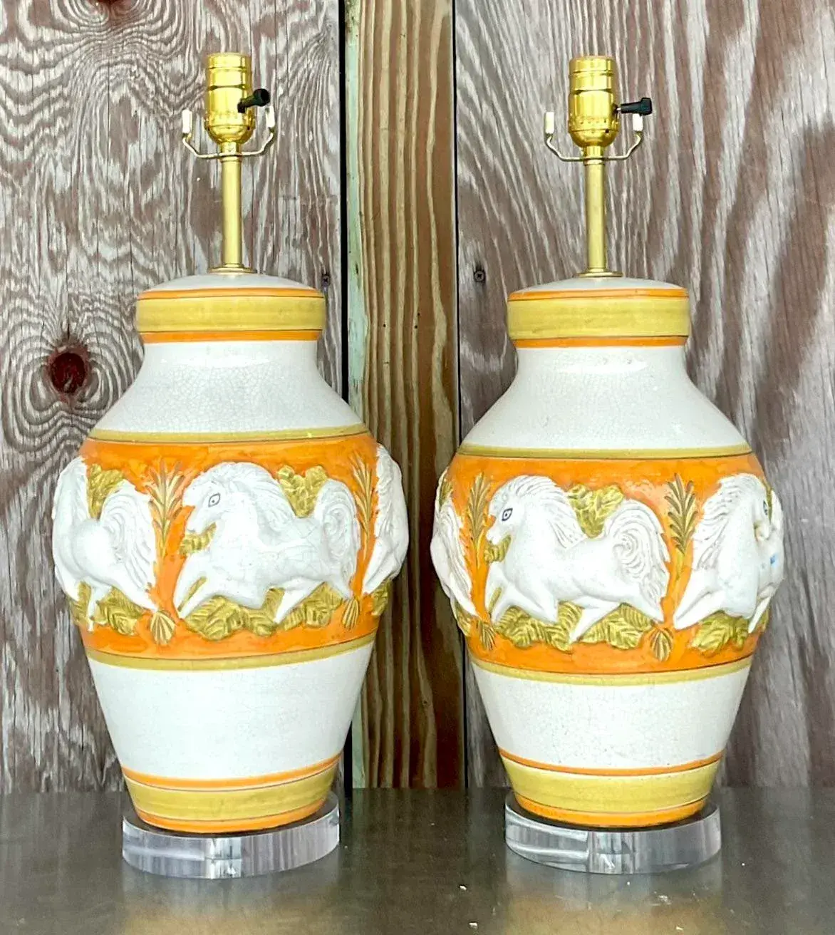 Vintage Mid-Century Modern Glazed Ceramic Prancing Horse Lamps - a Pair - Detail view