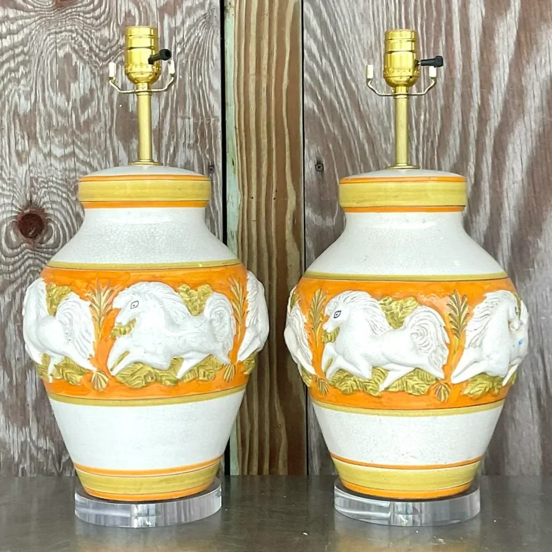 Vintage Mid-Century Modern Glazed Ceramic Prancing Horse Lamps - a Pair - Top view