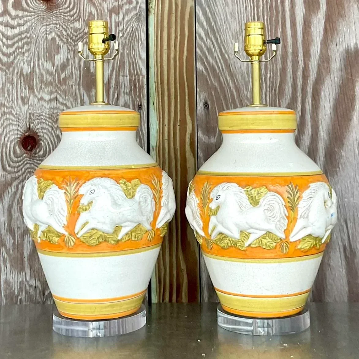 Vintage Mid-Century Modern Glazed Ceramic Prancing Horse Lamps - a Pair - Back view