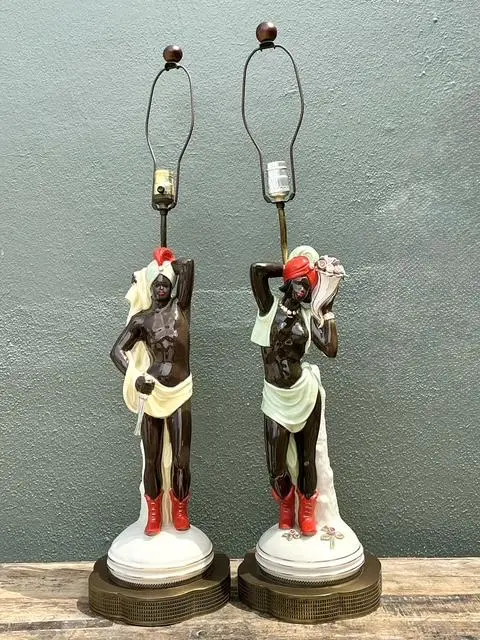 Vintage Mid Century Modern Glazed Ceramic Roma Lamps - A Pair - Side view