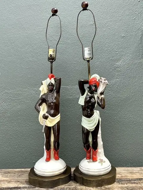 Vintage Mid Century Modern Glazed Ceramic Roma Lamps - A Pair - Detail view
