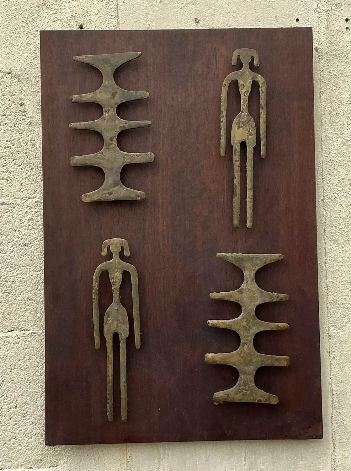 Vintage Mid-Century Modern Hammered Bronze Shapes Wall Sculpture - Back view