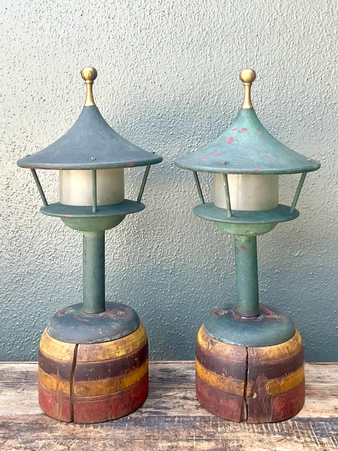 Vintage Mid-Century Modern Patinated Lighthouse Lamps - A Pair - Side view