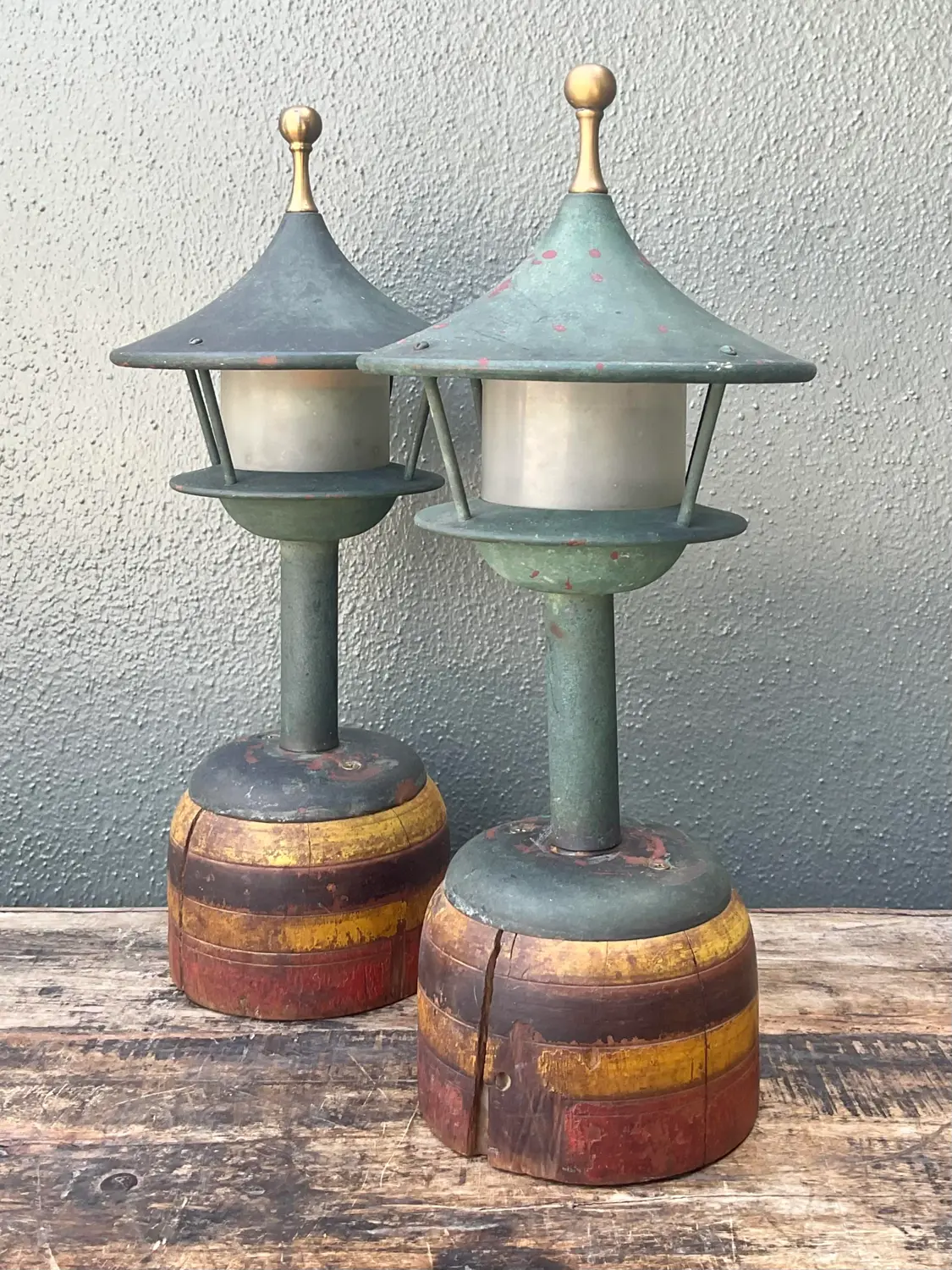 Vintage Mid-Century Modern Patinated Lighthouse Lamps - A Pair - Back view