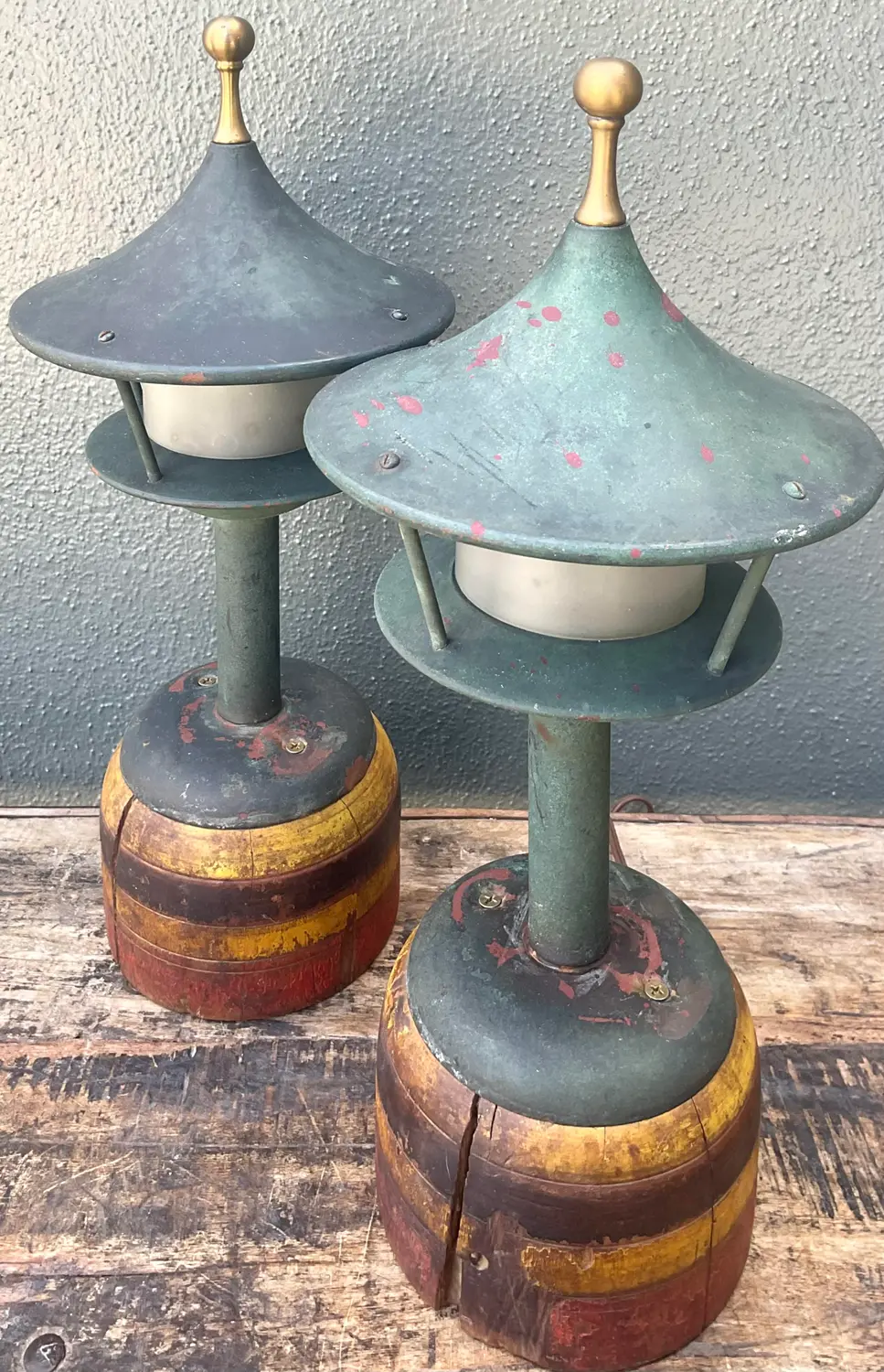 Vintage Mid-Century Modern Patinated Lighthouse Lamps - A Pair - Top view