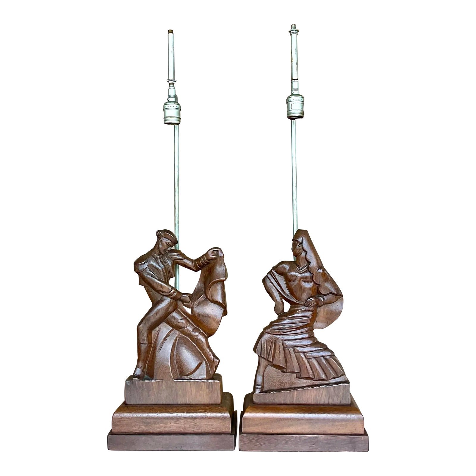 Vintage Mid-Century Modern Signed Hand Carved Heifetz Dancer Lamps - a Pair