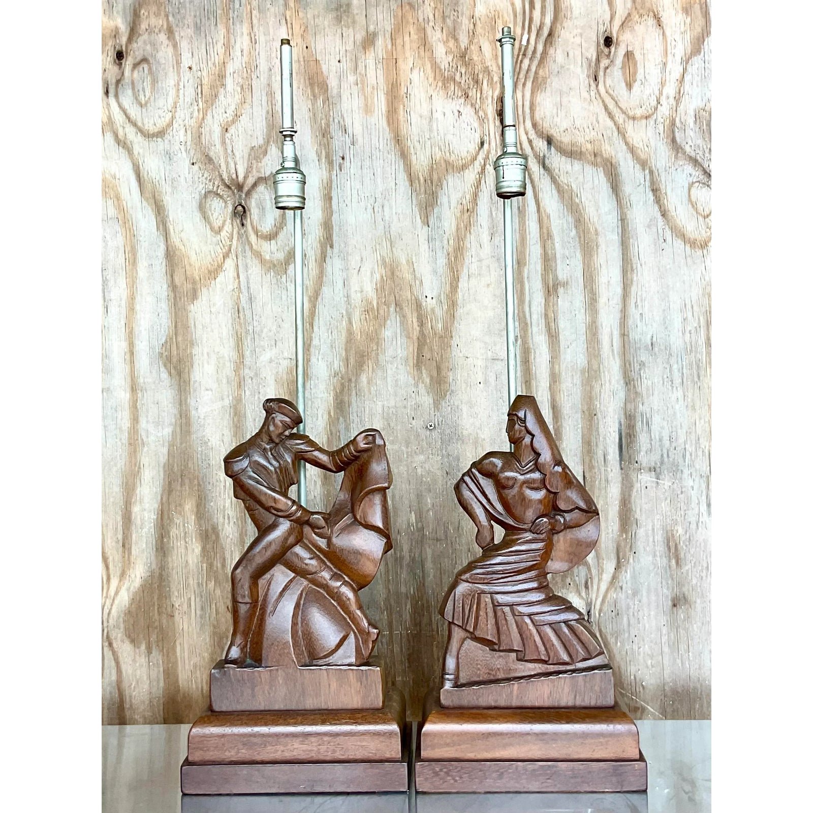 Vintage Mid-Century Modern Signed Hand Carved Heifetz Dancer Lamps - a Pair - Detail view