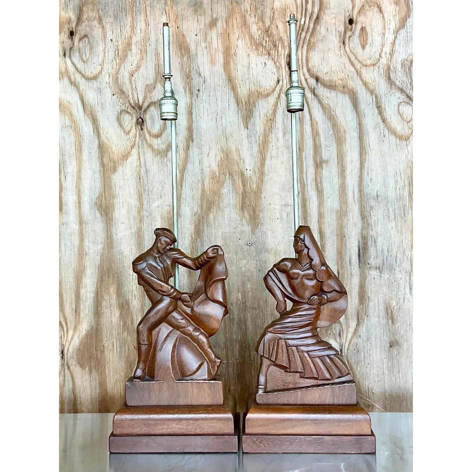 Vintage Mid-Century Modern Signed Hand Carved Heifetz Dancer Lamps - a Pair - Top view