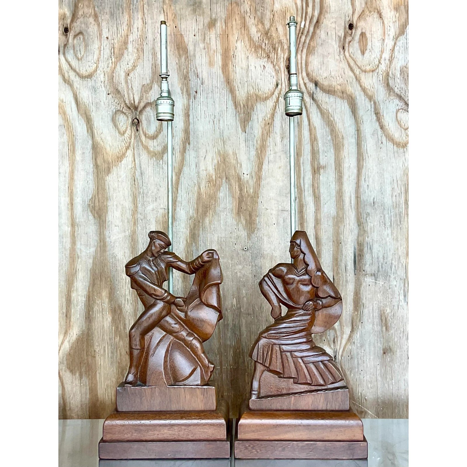 Vintage Mid-Century Modern Signed Hand Carved Heifetz Dancer Lamps - a Pair - Side view