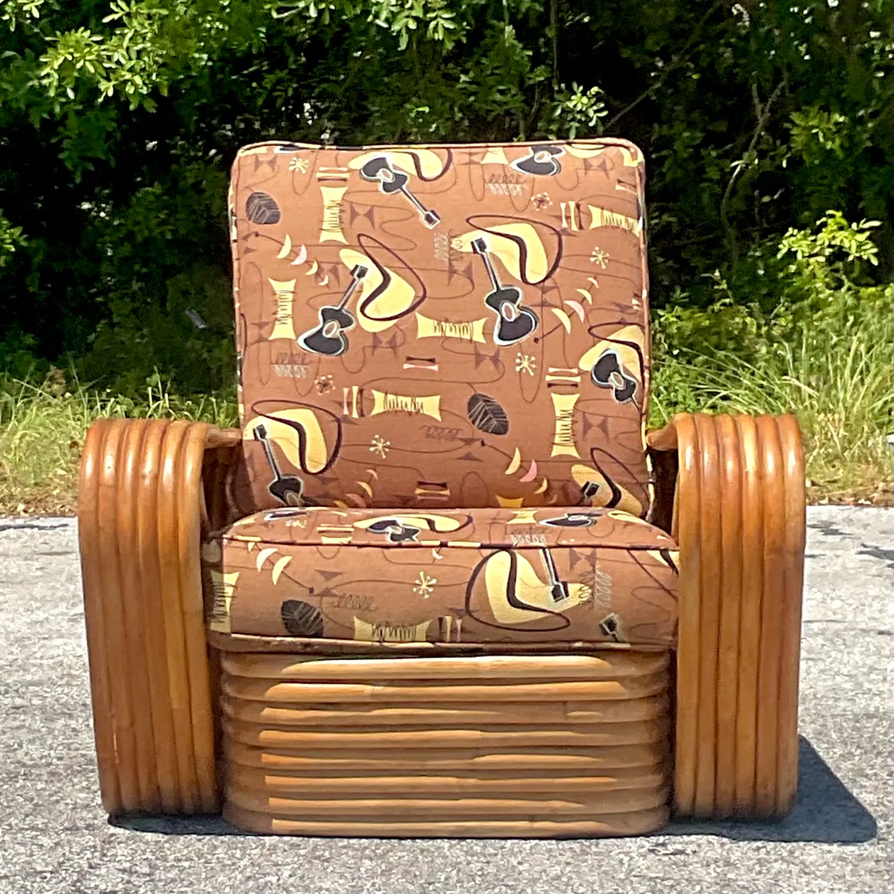 Vintage Mid-Century Modern Six Strand Bent Rattan Lounge Chair After Frankl - Detail view