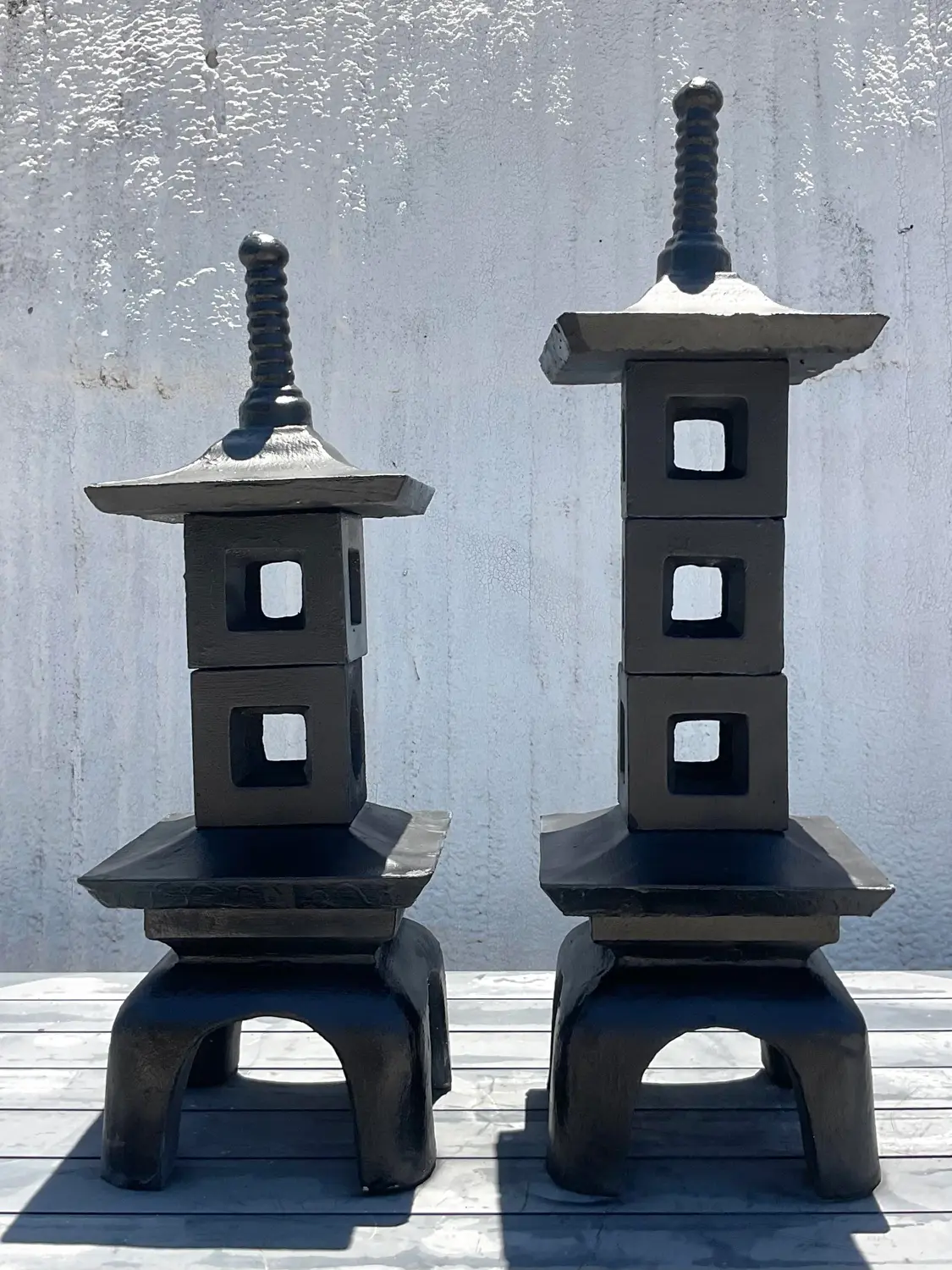 Vintage Mid-Century Modern Stacked Concrete Pagodas - Set of 2 - Top view