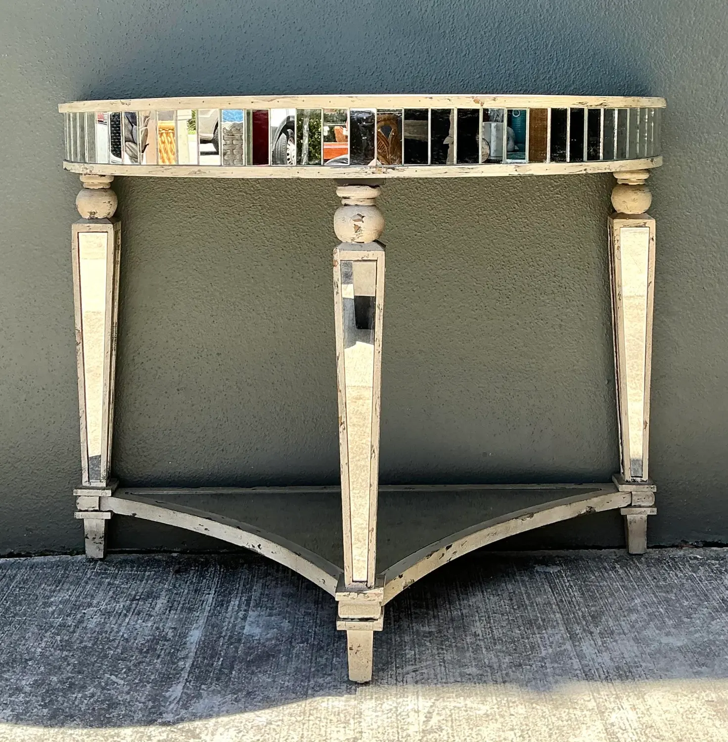 Vintage Mirror Trimmed Demilune Console - Side view