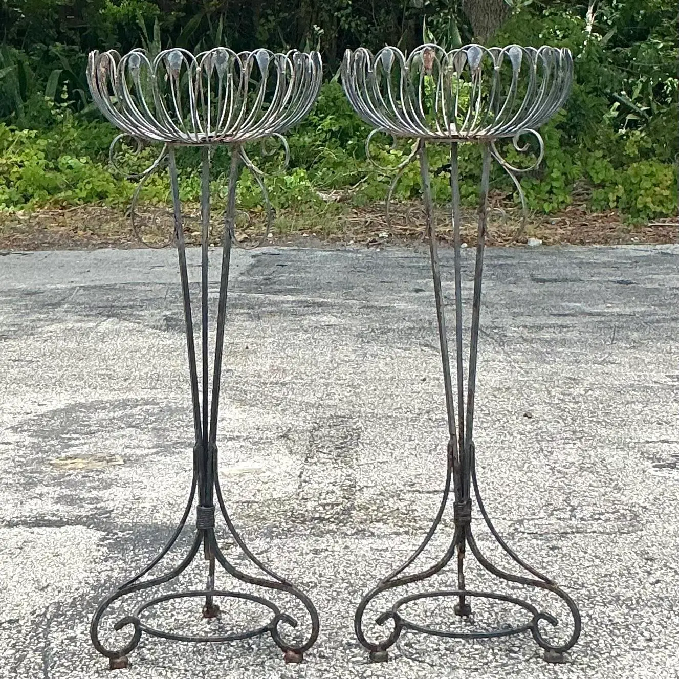 Vintage Mis-Century Modern Wrought Iron Plant Stands - a Pair - Side view