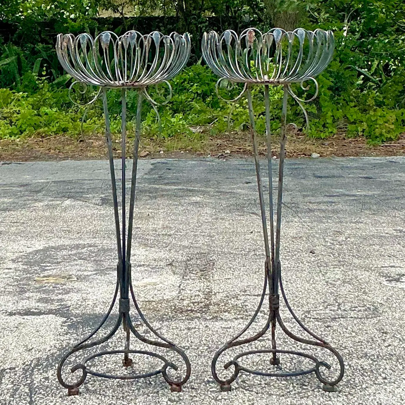 Vintage Mis-Century Modern Wrought Iron Plant Stands - a Pair - Top view