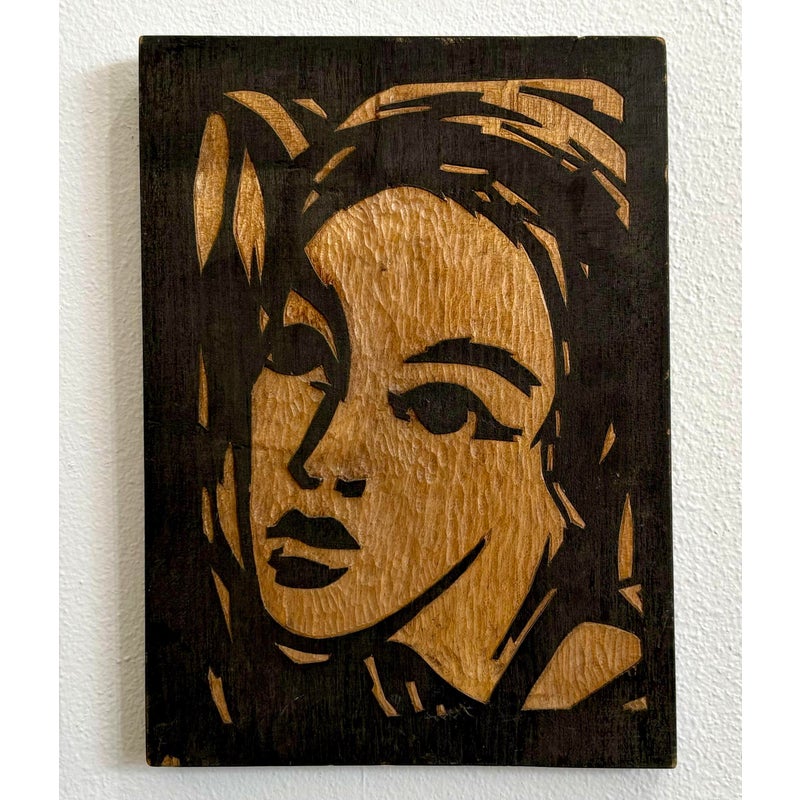 Vintage Modern Wood Carved Portrait - Back view