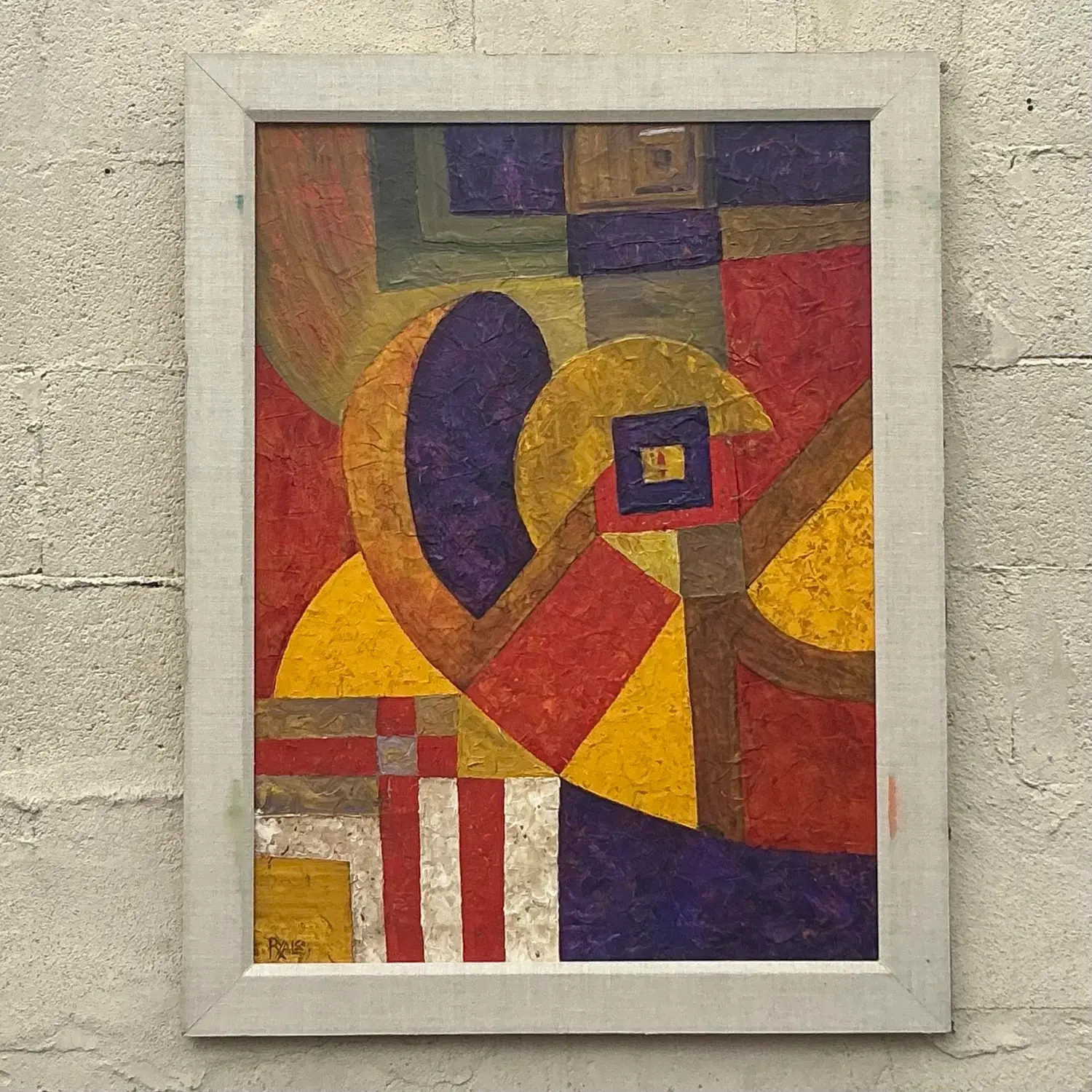 Vintage Modernist Geometric Abstract Painting on Canvas - Detail view