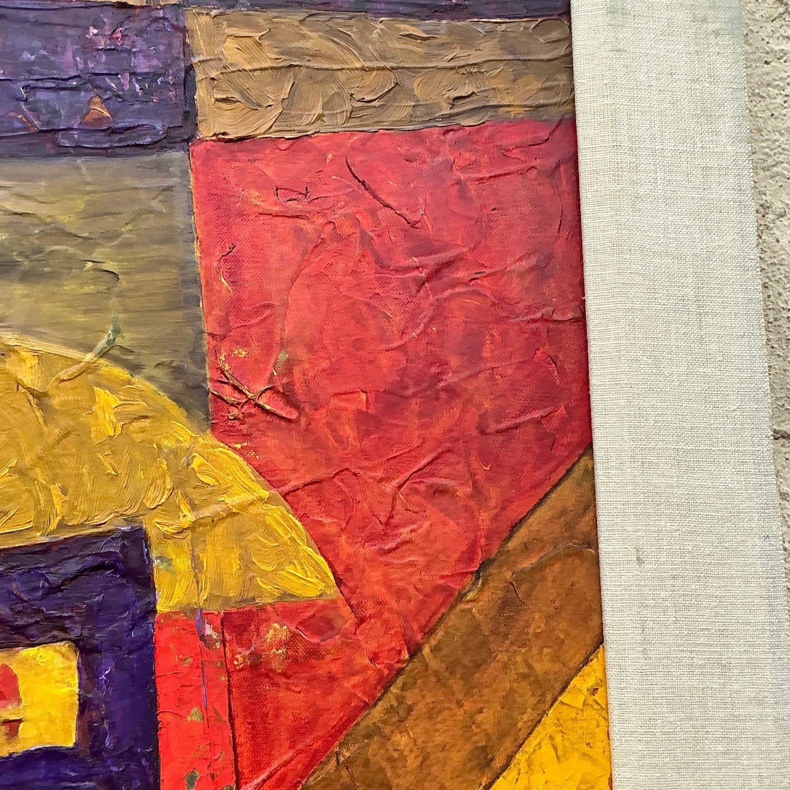 Vintage Modernist Geometric Abstract Painting on Canvas - Detail view