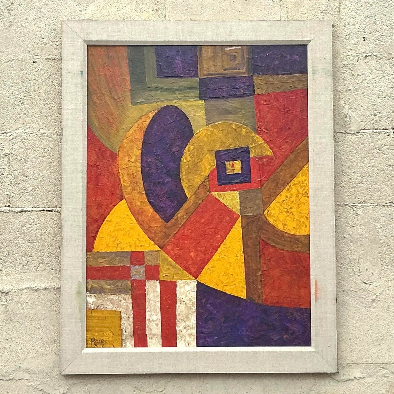 Vintage Modernist Geometric Abstract Painting on Canvas - Top view