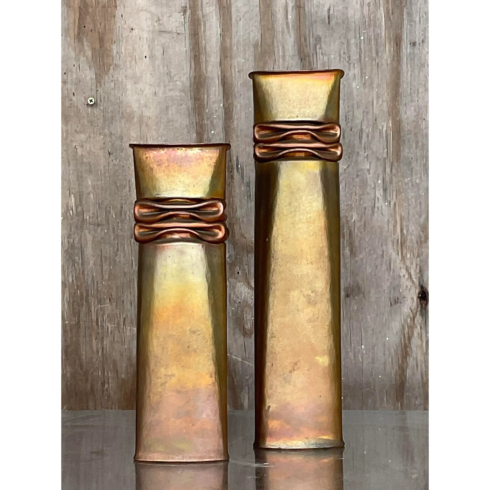 Vintage Modernist Thomas Roy Markusen Nickeled Copper Vases - Set of 2 - Side view