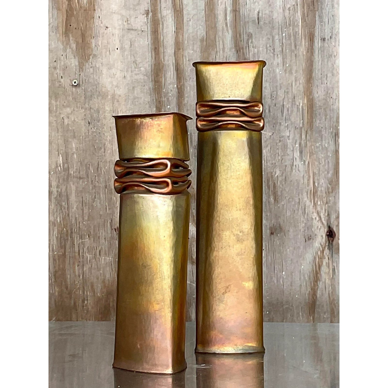 Vintage Modernist Thomas Roy Markusen Nickeled Copper Vases - Set of 2 - Detail view