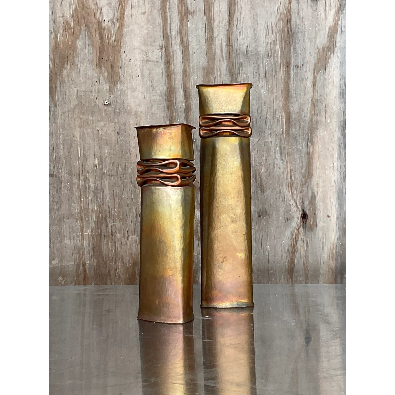 Vintage Modernist Thomas Roy Markusen Nickeled Copper Vases - Set of 2 - Top view