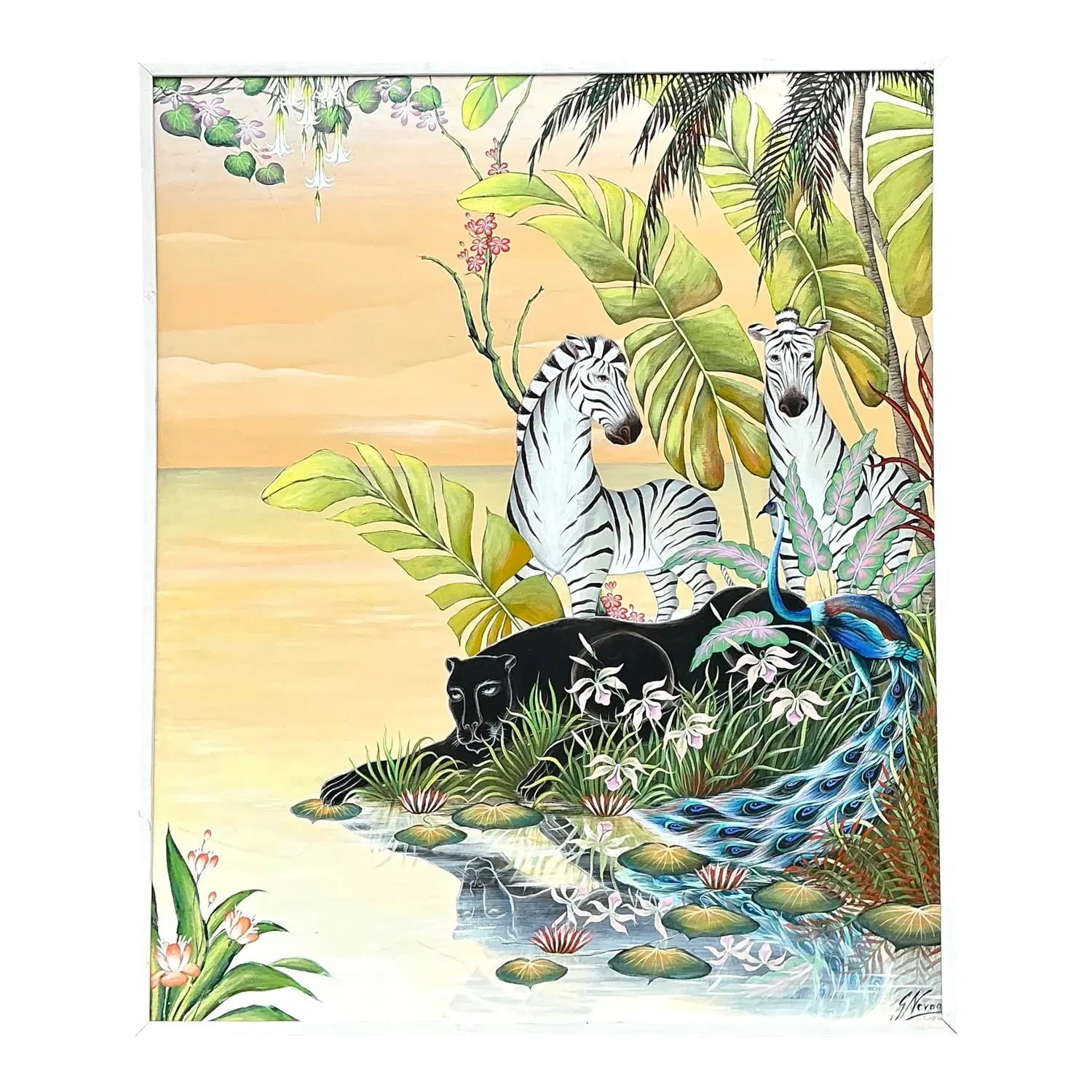 Vintage Monumental 1999 Original Jungle Painting on Canvas