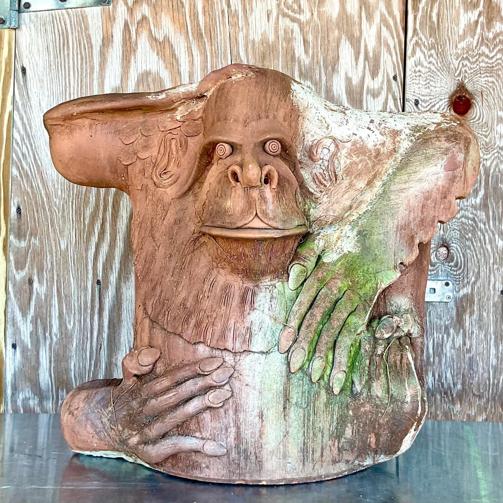 Vintage Monumental Boho Hand Made Terra Cotta Gorilla Sculpture - Detail view